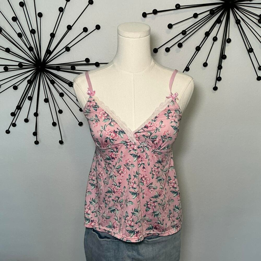 Pink floral lace trim cami top Y2K coquette cottagecore